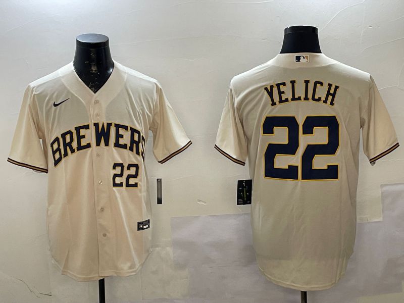 Men Milwaukee Brewers #22 Yelich Cream Game 2025 Nike MLB Jersey style 1